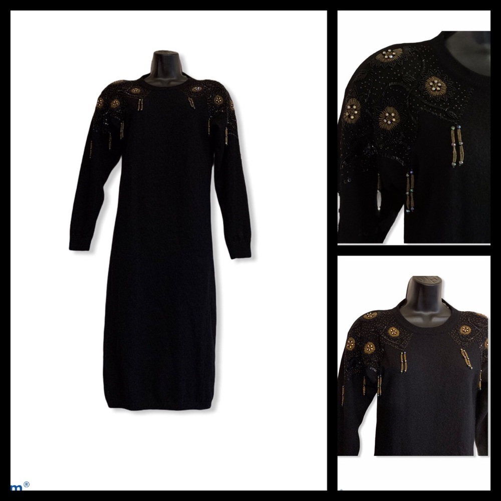 Destinee Vintage Beaded Sequined Lambswool Angora Sweater Destinee Black